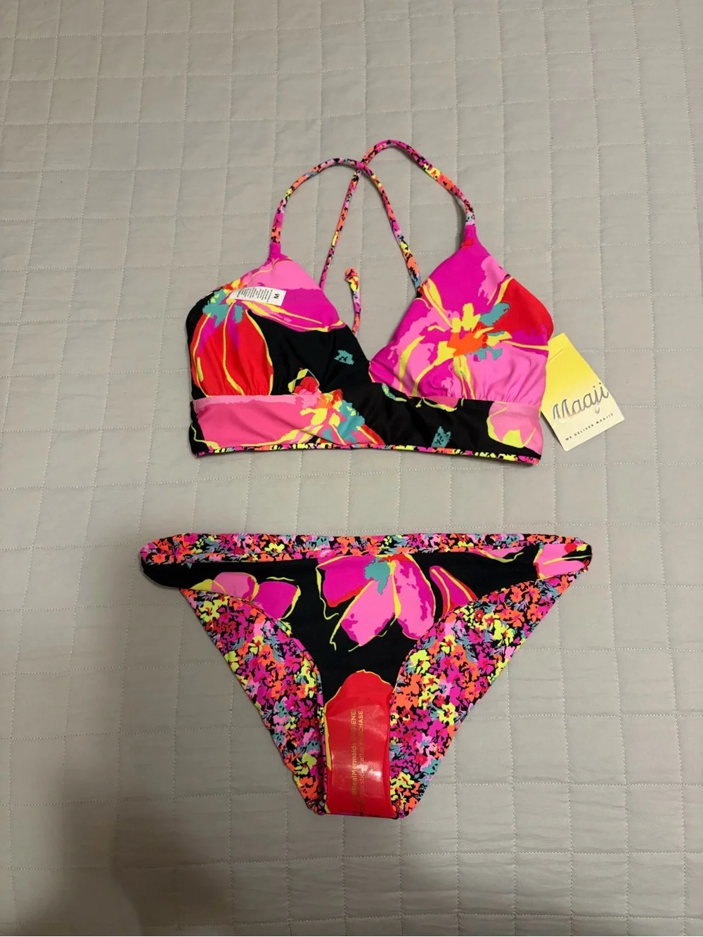 Maaji “Pansy” Reversible Tie Back Bikini Set Neon Pink•Yellow•Coral•Black- M